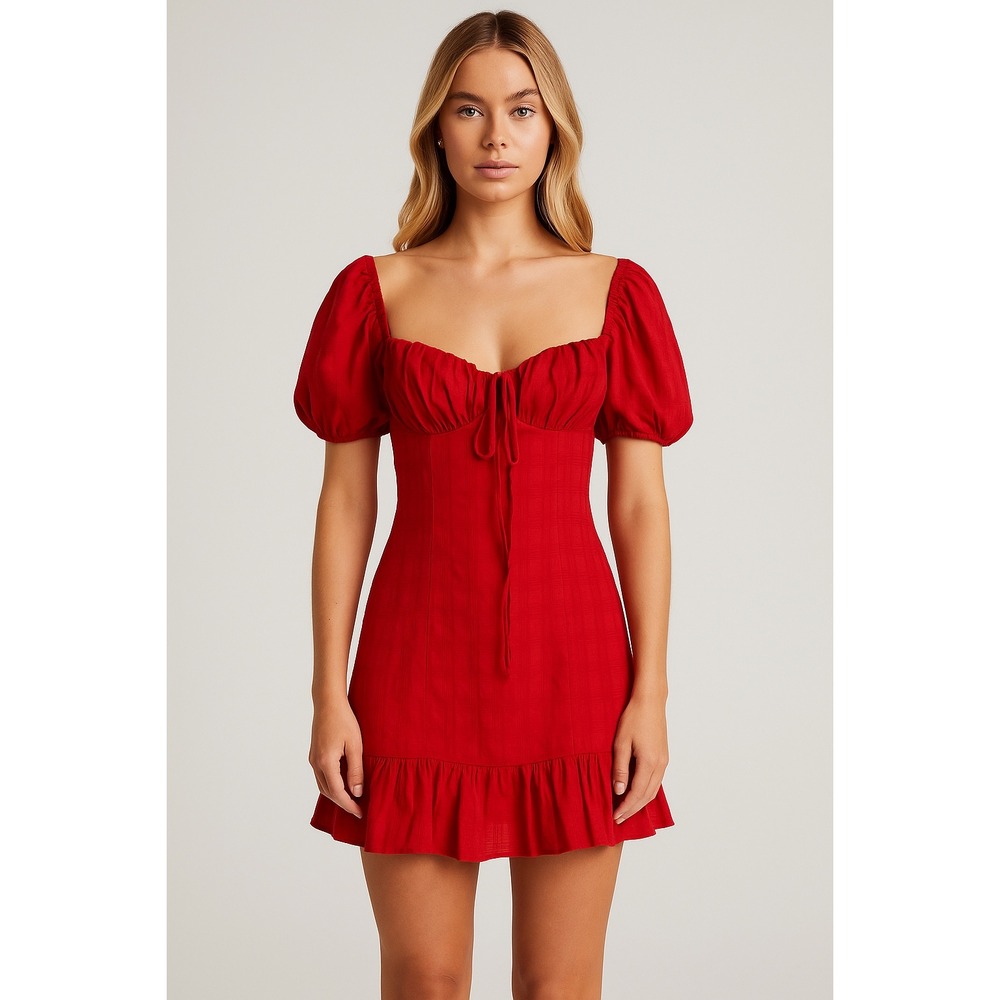 Runaway Red Mini Dress Puff Sleeve Sweetheart Neckline Ruffle Hem Women's Size S